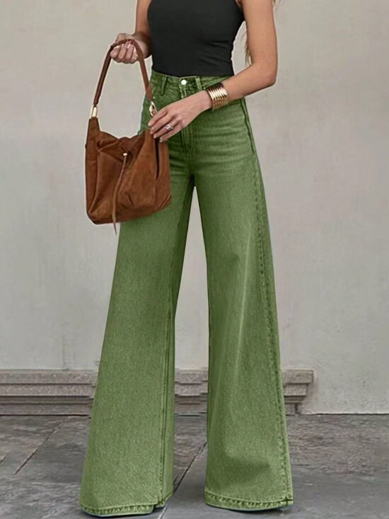MODA ME COUTURE Denim - Green Bohemian Women's Army Denim Wide Leg High Waist Medium Stretch Pants